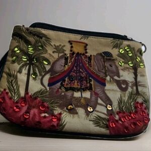 Canvas Elephant Mini Boho Wristlet/Small Purse Sequin Beaded Zip Up Bag